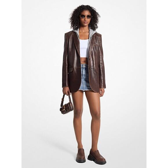 MICHAEL KORS BURNISHED 100% LEATHER CHOCOLATE BLAZER. MSRP$895. SZ4 LAPEL COLLAR - Picture 1 of 11